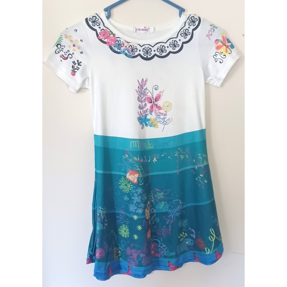 The Two Princesses Mirabel Encanto Dress Kids 7/8 Teal White Floral Short Sleeve